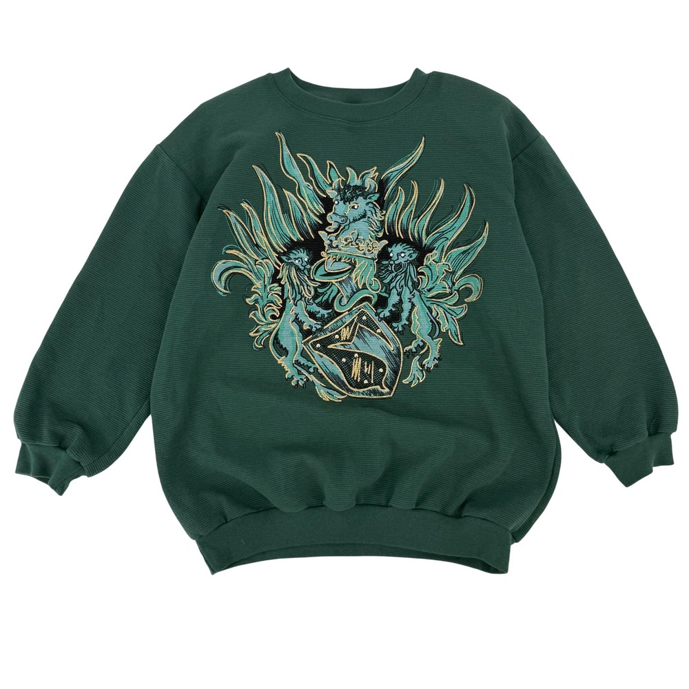 Vintage Adolfo Sport Mens Green Heraldic Crest Graphic Crew‎ Sweatshirt Large